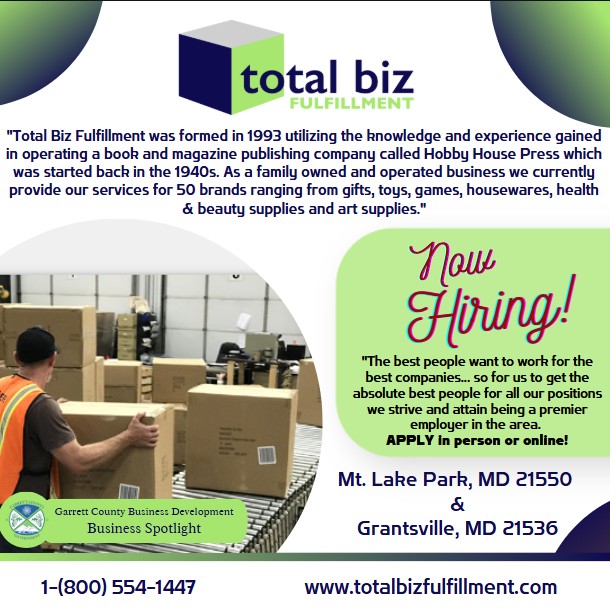 Today's Business Spotlight 📦 is on Totalbiz Fulfillment! 
Visit them at www.totalbizfulfillment.com
Follow us to see more daily Garrett County Business Spotlights! 
If you are interested in having your business featured contact Connor Norman at cnorman@garrettcountymd.gov. #garrettcountymd #businessdevelopment